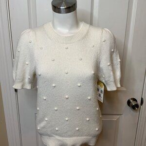 By Anthropologie White Wool Blend Short Sleeve Sweater W/ Pom Pom Nub, Size S